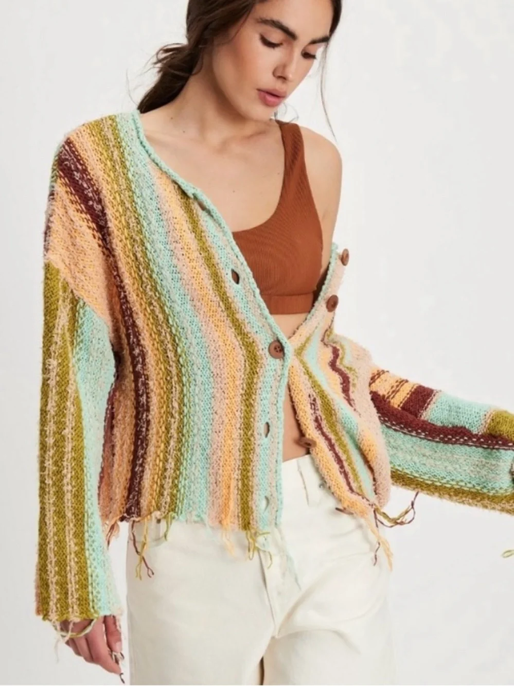 Free People Baja Stripe Fringe Boho Multicolor Button Cardigan Sweater